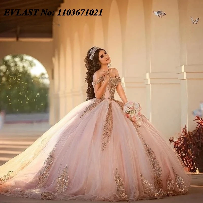 EVLAST Customized Pink Quinnceanera Dress Ball Gown Shiny Gold Lace Applique Beading Mexican Sweet 16 Vestidos De 15 Anos SQ557