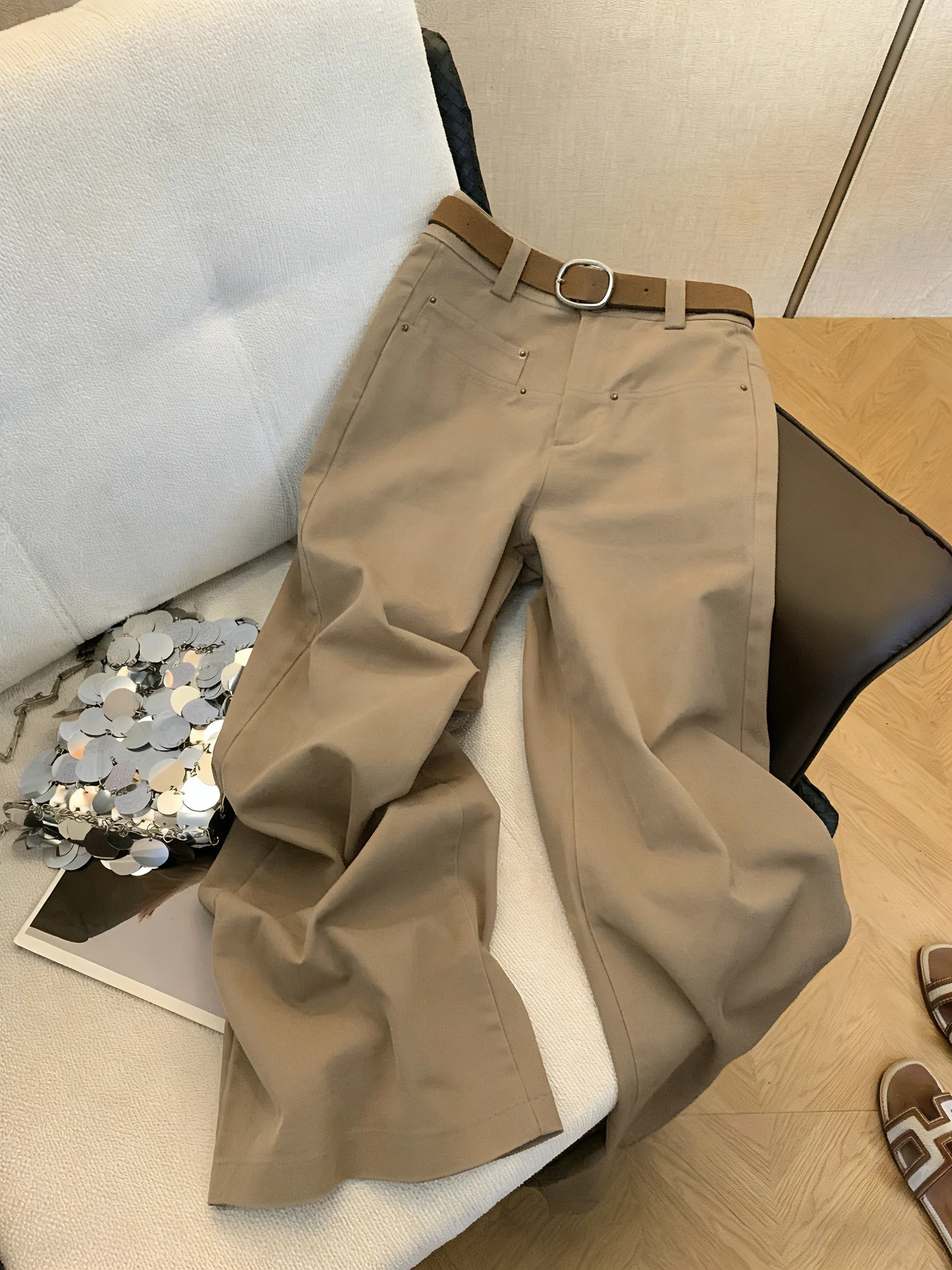 

High Waist Khaki Wide Leg Suit Casual Pants Men Women Summer American Lazy Slimming Versatile Straight Leg Pants