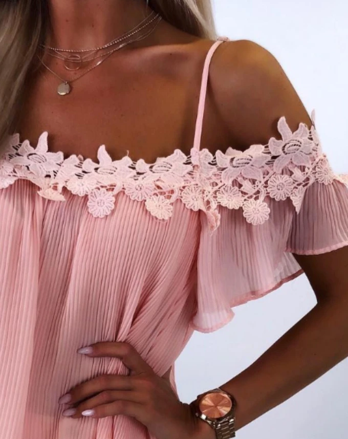 Women's Top Fashion New Contrast Lace Cold Shoulder Short Sleeve Ruched Blouse Casual Loose Fit Top Shipped Within 48 Hours