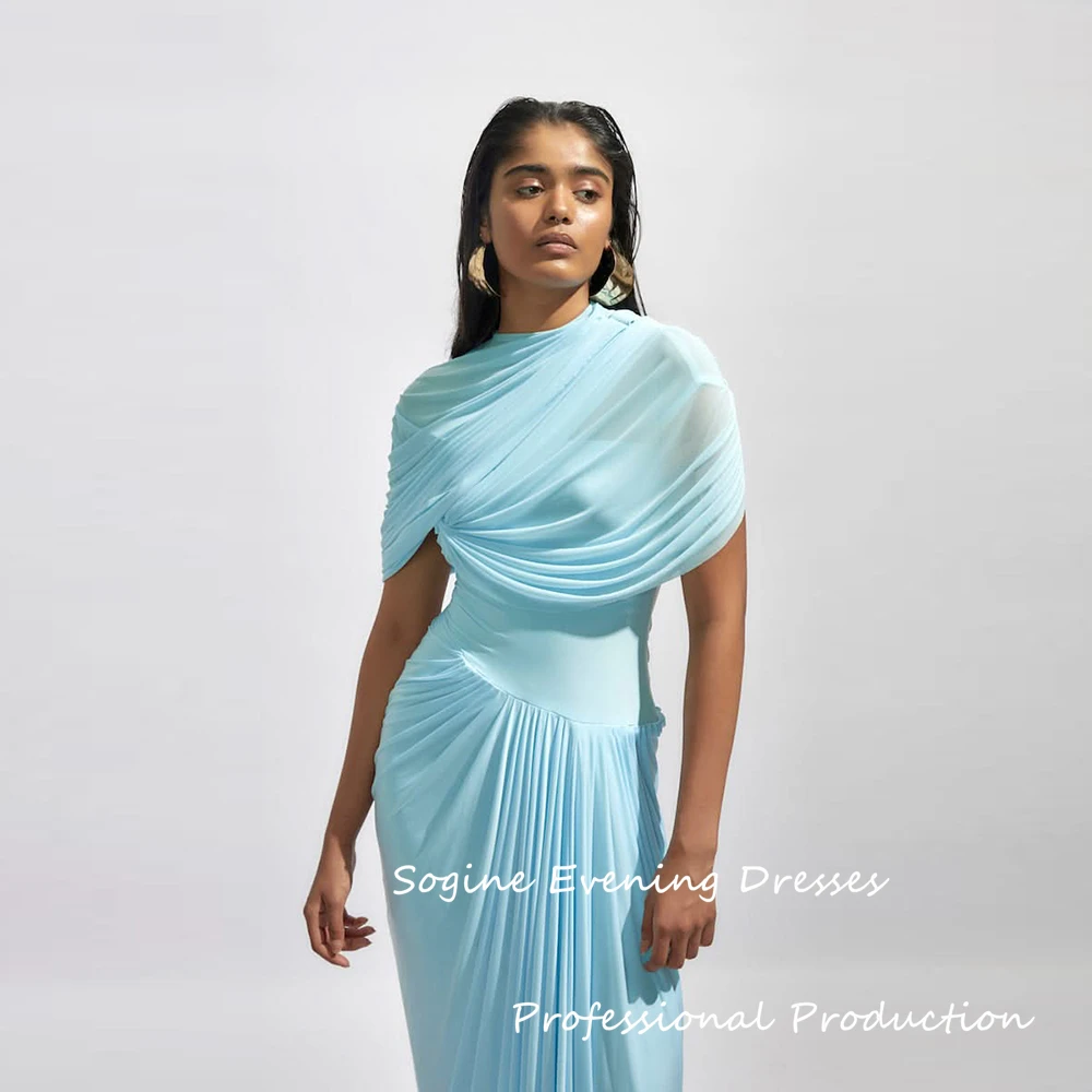 Vestidos de noite formais personalizados chiffon bainha vestido de baile gola alta plissado manga boné dia dos namorados longo vestido de cocktail