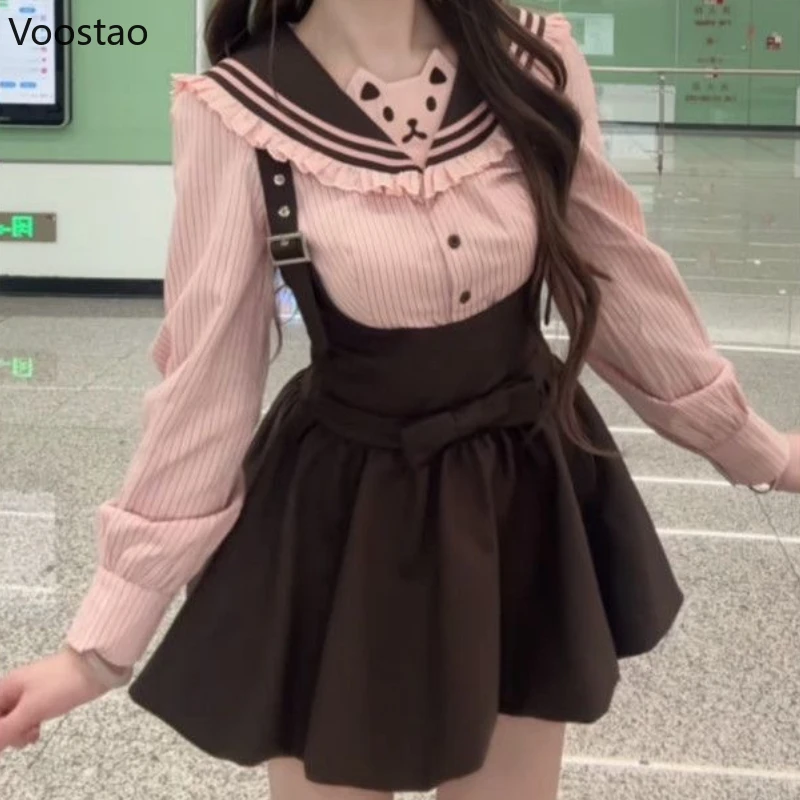 

Японский сладкий стиль Лолиты, комплект из 2 предметов, женские милые блузки с кошачьими ушками и длинными рукавами, мини-платья с верхним ремешком, корейские костюмы для девочек Y2k JK