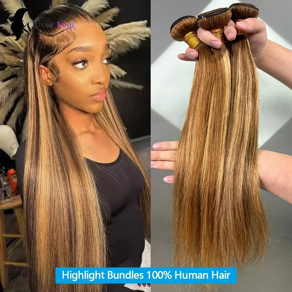 P4/27 Highlight Bundles Human Hair 22 24 26 Inch Straight Brazilian Raw Human Hair Bundles Brown Colored Remy Hair Extensions