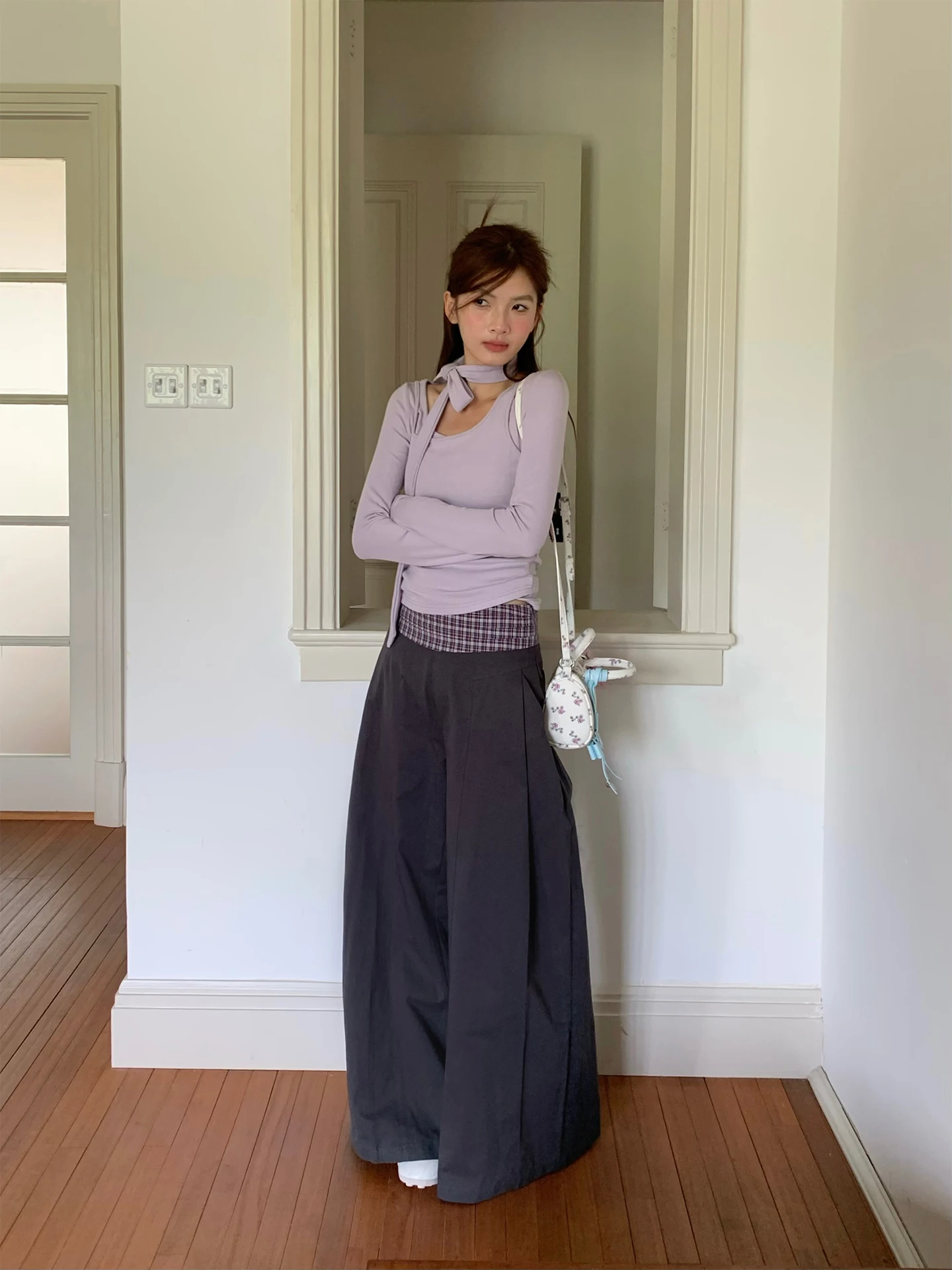 Casual Plaid Splicing Drapey Wide Leg Pants Women Loose Straight Autumn Long Trousers Faionable l Waist Cotton Blend