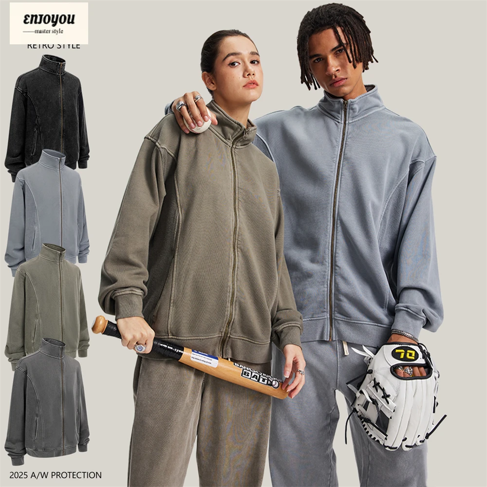 

ENJOYOU винтажные зимние мужские толстовки на молнии 430 г/м2, унисекс, 100% хлопок, лоскутная куртка с воротником-стойкой на молнии, пальто HY1133