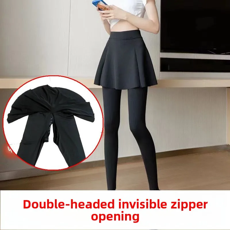 Calças de Yoga com Zíper Invisível Duplo para Outono e Inverno, com Fundo Aberto, Imitação de Duas Peças, Leggings Reforçadas...