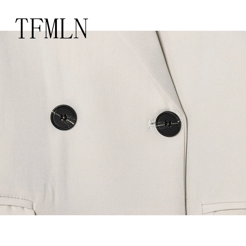 TFMLN جديد الخريف السترة للنساء مزدوجة الصدر جيب سترة نسائية 2025 كم طويل بليزرات غير رسمية شيك مكتب ارتداء السيدات