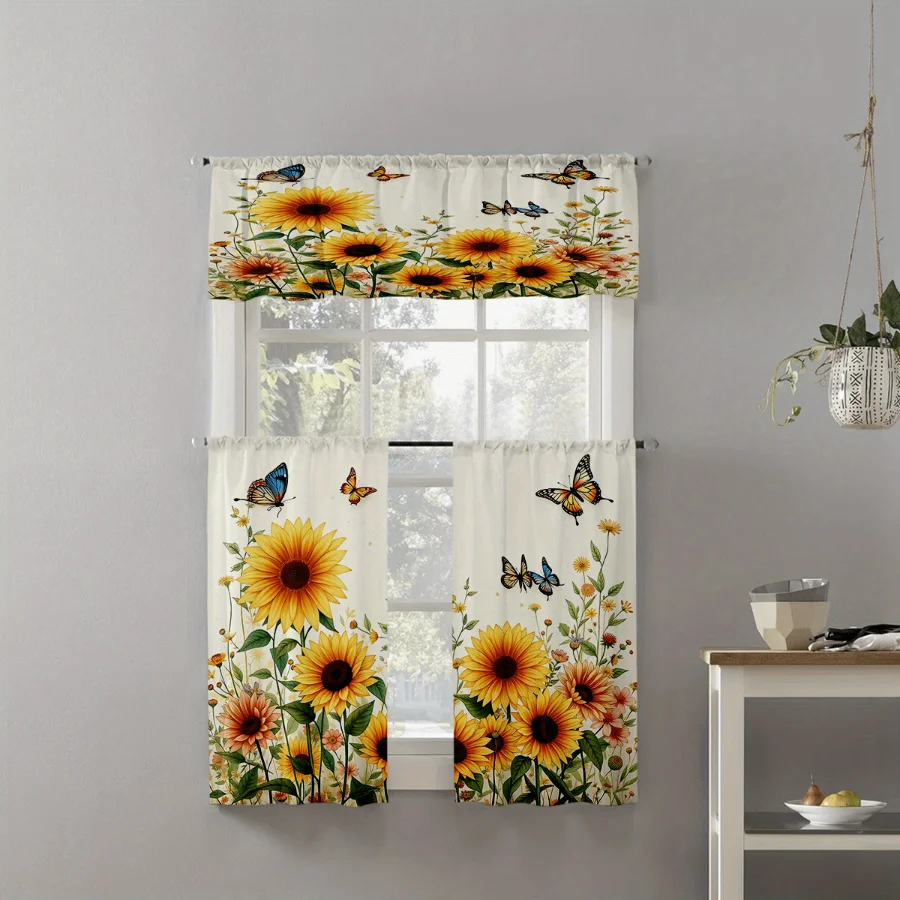 Sunflower Colorful Butterfly Wildflower Print Kitchen Curtain, Beige Rod Pocket Tiers for Country Kitchen Home Decor