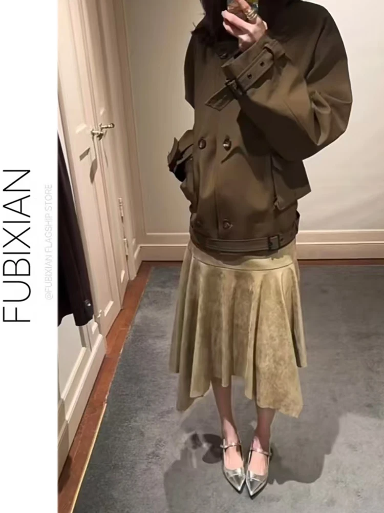 

American Sle Vintage Brown Suede Asymmetrical Cut ter Skirt Women Spring Summer New Versatile Mid-length Skirts