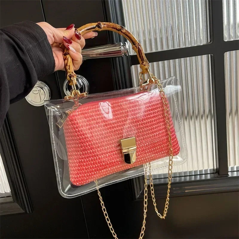 

Transparent Small Weave Straw Crossbody Bags with Short Handle for Women 2024 Summer Korean Fashion Shoulder Bags Lady Handbags