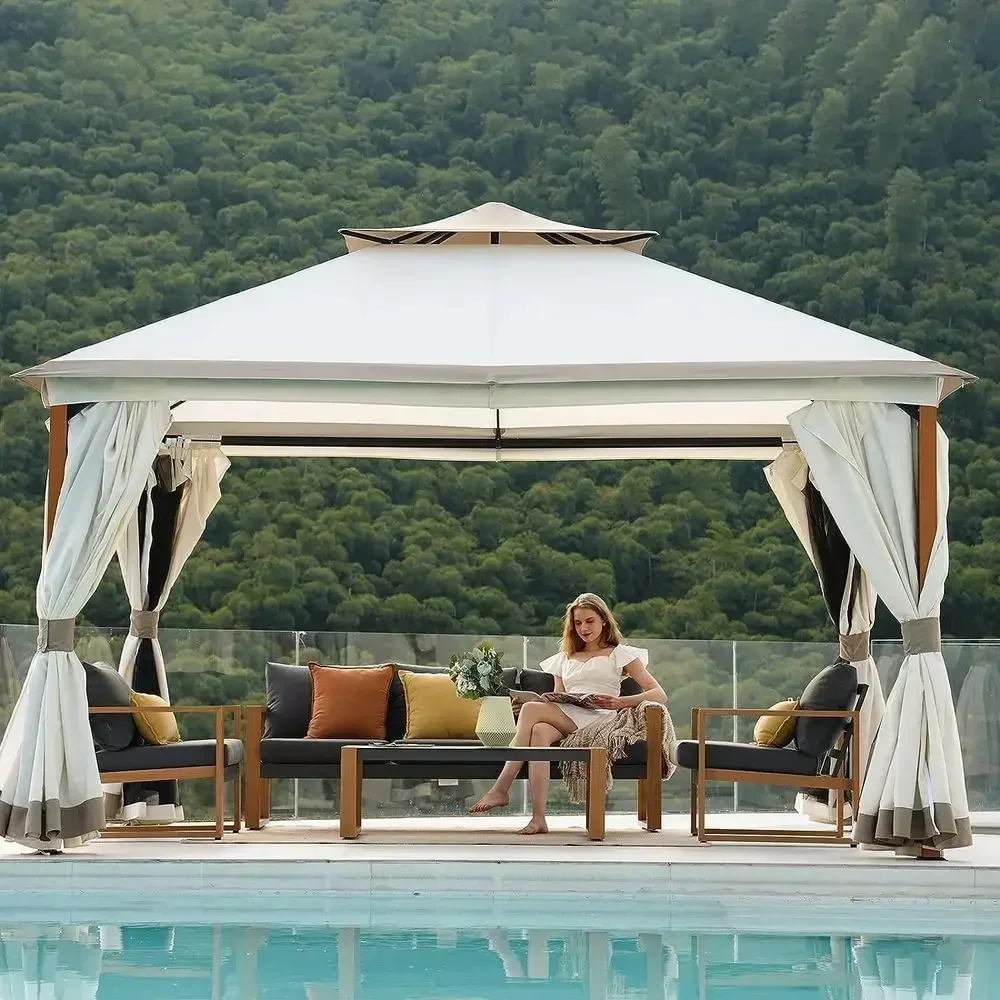 Quick Assembly Detachable 10x13 Outdoor Double Gazebo with Mosquito Netting and Curtains, Ideal for 130 Sq Ft Shade, Beige