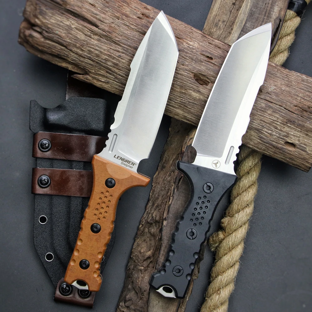 LENGREN Hippo Outdoor Survival Straight Knife SLEIPNER Steel Flax Handle Hunting Knife K Sheath