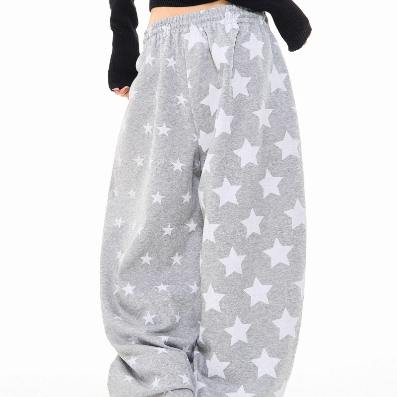 الأمريكية الرجعية ستار طباعة رمادي المرأة Sweatpants 2025 الخريف جديد فضفاض الحلو كول واسعة الساق الرياضة عادية الطابق بنطلون السيدات #2