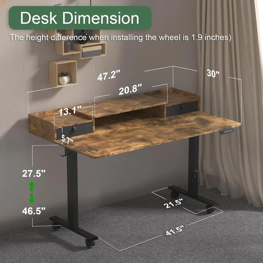 48×30 Inch Electric Standing Desk with 2 Drawers, Adjustable Height Widened Stand Up Desk with Storage Shelf