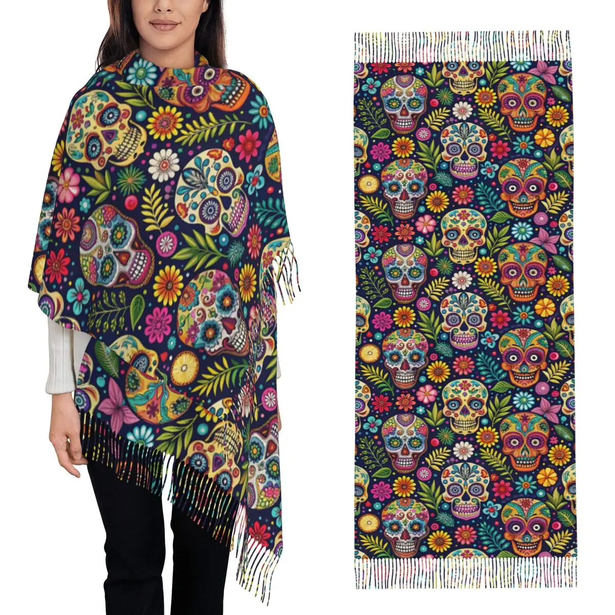 Sugar Skull Mexican Halloween Day Of The Dead Scarf Tassel Scarves for Women Soft Warm Shawls and Large Fall Winter Shawl Wraps