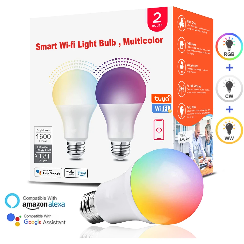 

E27 Tuya WiFi Smart Bulb LED Lights RGB CW WW Dimmable Lamp 85-265V Smart Life Timer Voice Control Works With Alexa Google Home