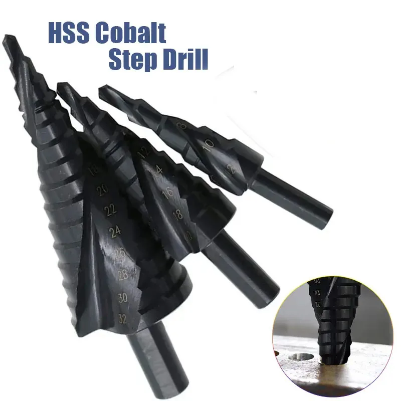 

HSS Cobalt Step Drills Nitrogen High Speed Steel Spiral for Metal Cone Drill Bit Set Triangle Shank Hole Cutter Drilling Tools