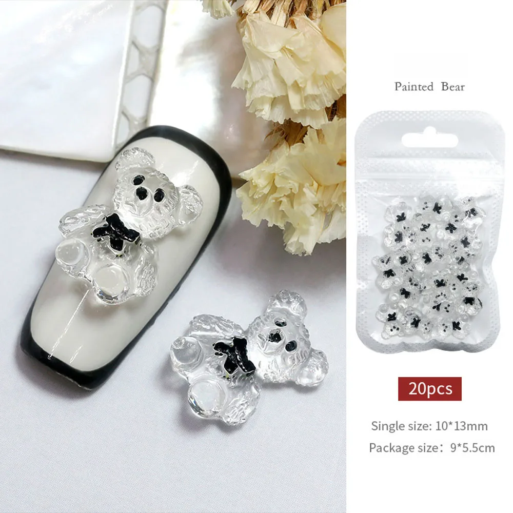 3Dゼリークマのネイルチャーム,20個ピース/ロットバッチ,かわいい塗装,透明なネイルアートアクセサリー,蝶ネクタイ,カワイイデコレーション