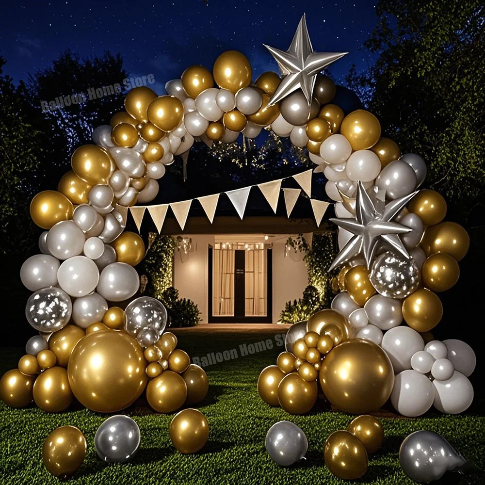 151pcs Gold Silver White Balloon Garland Arch Kit for Birthday  Anniversary Graduation Ceremony Adult Cocktail Party Decoration