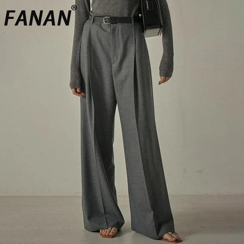 FANAN Office Lady Women's Loose Pants High Waist Straight Wide Leg Trousers Fashion Solid Clothes Female 2025 Spring New