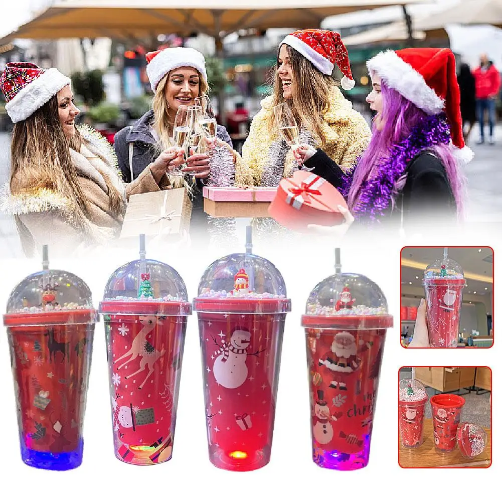 Christmas Cup Ice Cup With Light Cartoon High Beauty Plastic 400-500ml Cup Double Large Cup Water Layer Straw Capacity Y6g8