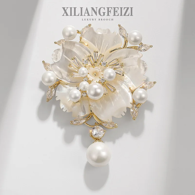 Xiliang Concubine High-Grade Plum Blossom Mother Shell Brooch Pearl Camellia Pin Flower Clothing Zircon Corsage