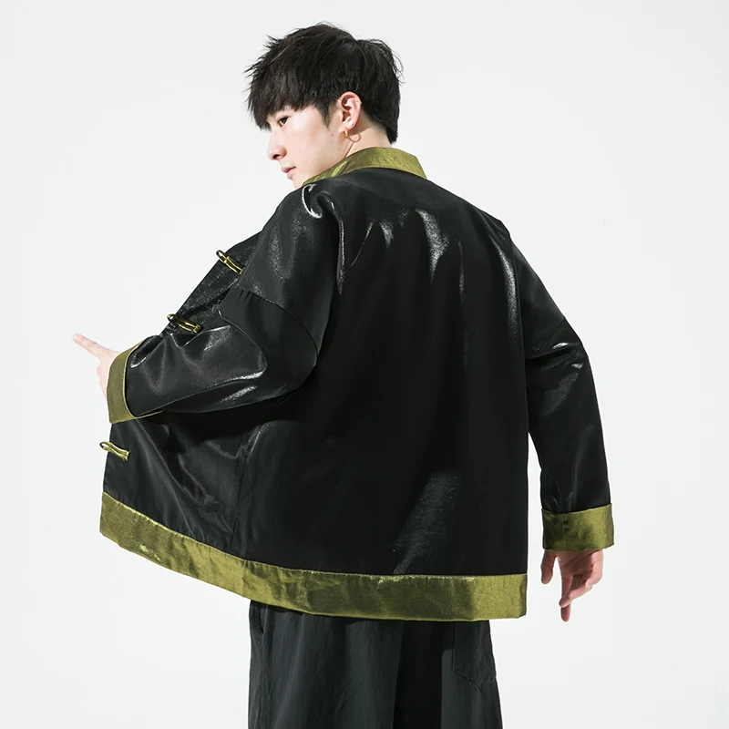 Jaket Hanfu Kerah Tegak Retro Warna Kontras Ukuran Besar untuk Pria, Pakaian Luar Musim Gugur, Model Panjang
