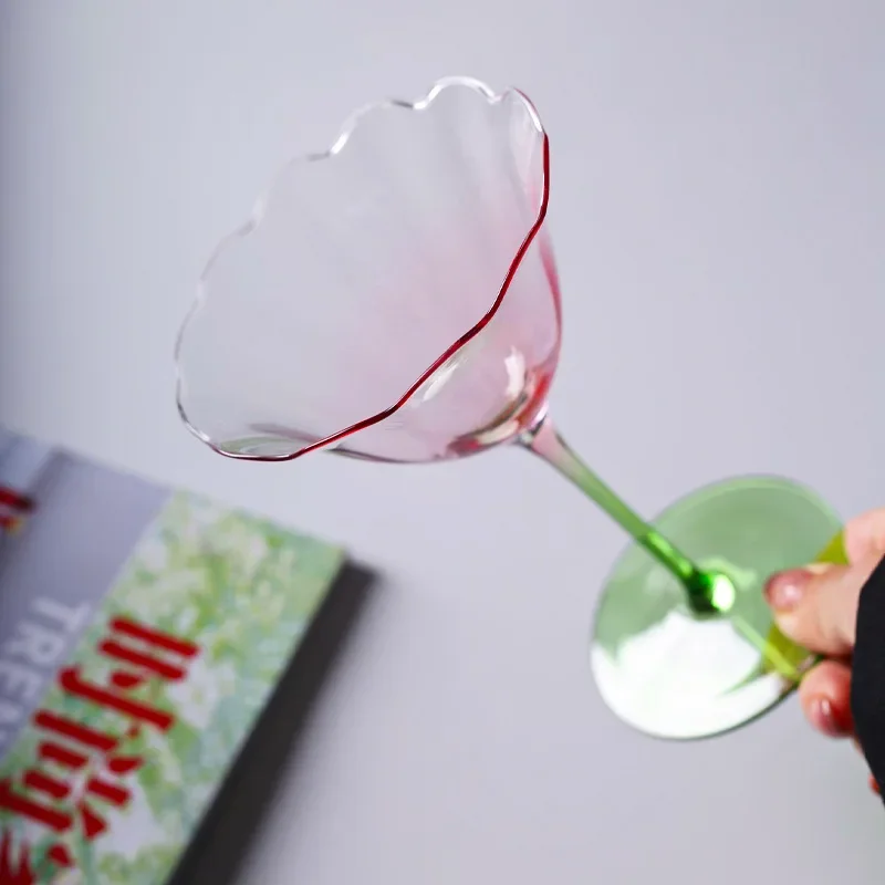 Creative Light Luxury Vintage Flower Red Wine Tall Glass Crystal Glass Pink Green Champagne Glass