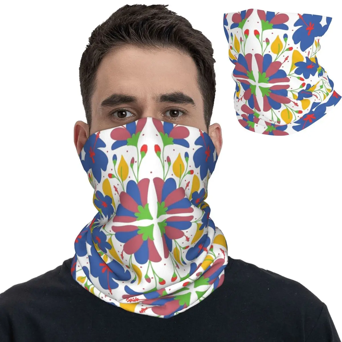 Vibrant Flower Otomi Art Bandana Neck Gaiter Mexican Art Wrap Scarf Multifunctional Headwear Riding Unisex Adult Washable