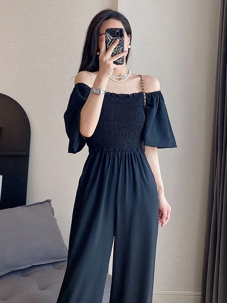 

Летний женский комбинезон 2026 года с одним открытым плечом, завышенной талией, облегающий, с широкими штанинами, элегантный повседневный ромпер, черный