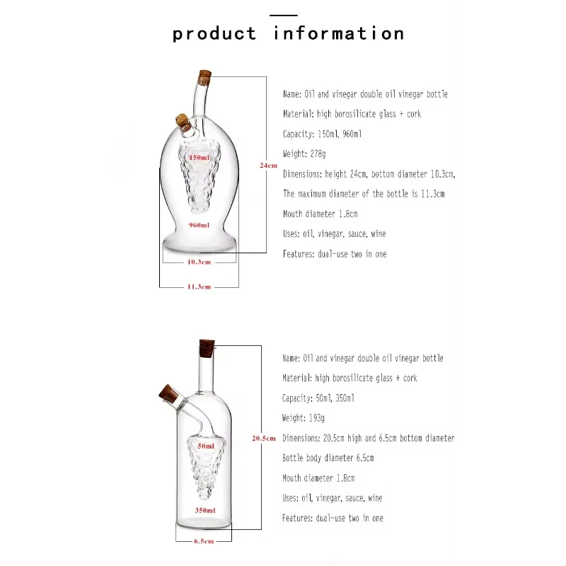 isolated Double Rooms 2 in 1 Glass Sauce Boat Glass Oil Bottle Vinegar Bottle with hermetic cork lid