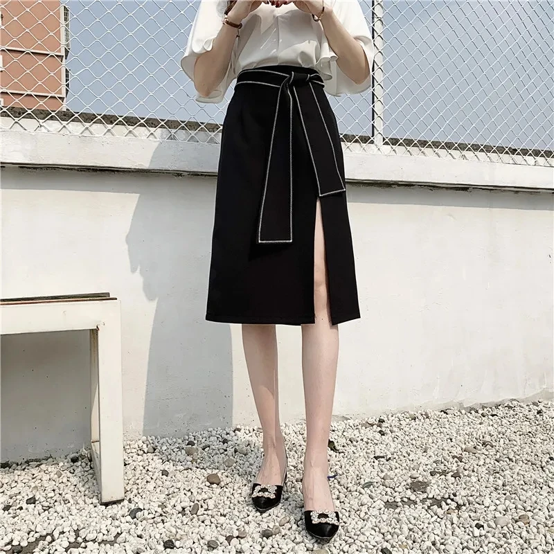 Mid-Length Split A-line Skirt Female Spring Summer High-Waisted Wrap Hip Skirt Clothes For Women Korean Fashion Black Skirts