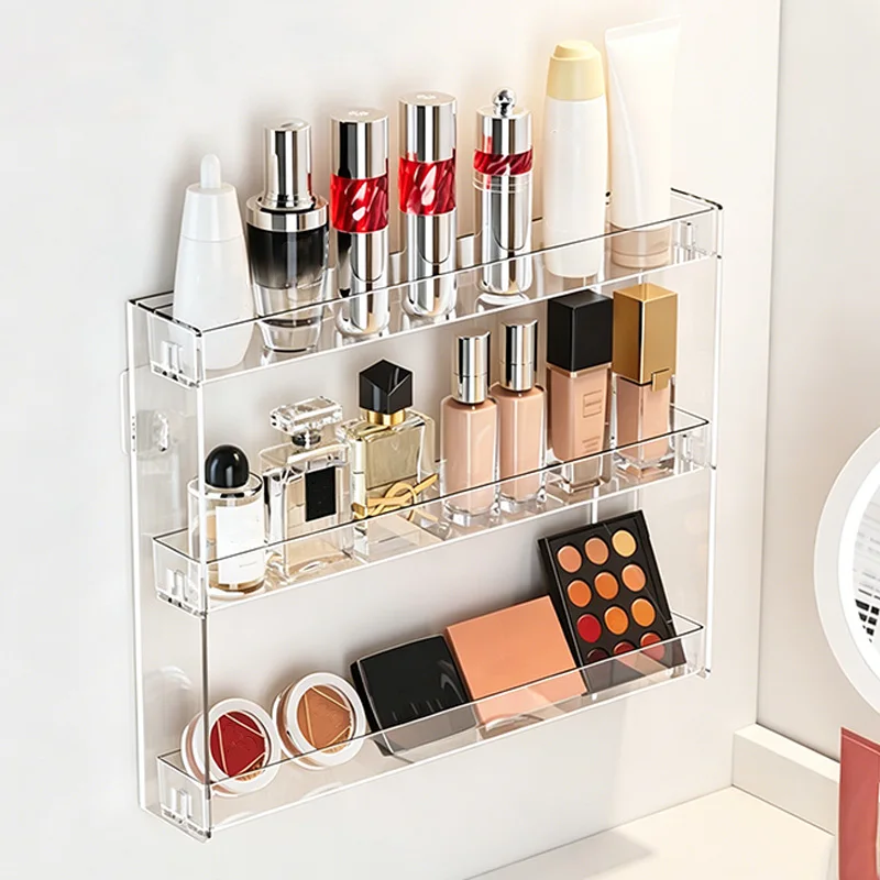 Étagère murale à 3 niveaux pour présentation de cosmétiques, sans perçage, bord surélevé anti-chute, double usage pour mur et bureau, rangement pour modèles de voitures, badges, lunettes, figurines, ornements de maquillage et petits objets de collection variés.