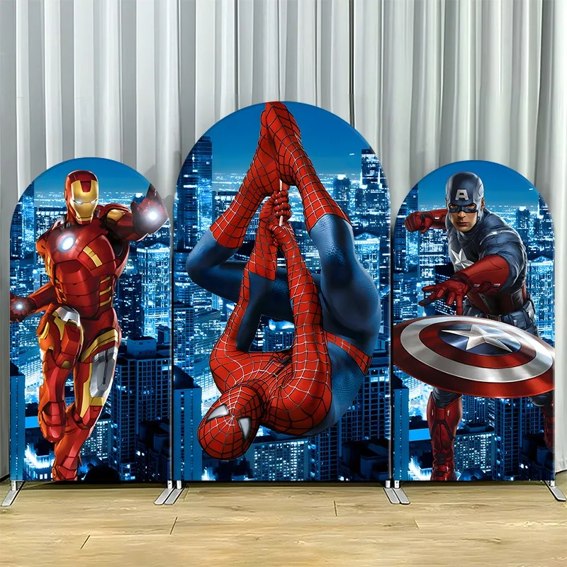 

Arch Backdrop Cover Single Side Marvel Heroes Iron Man Spider Captain America City Party Decoration Photo Booth Background Props