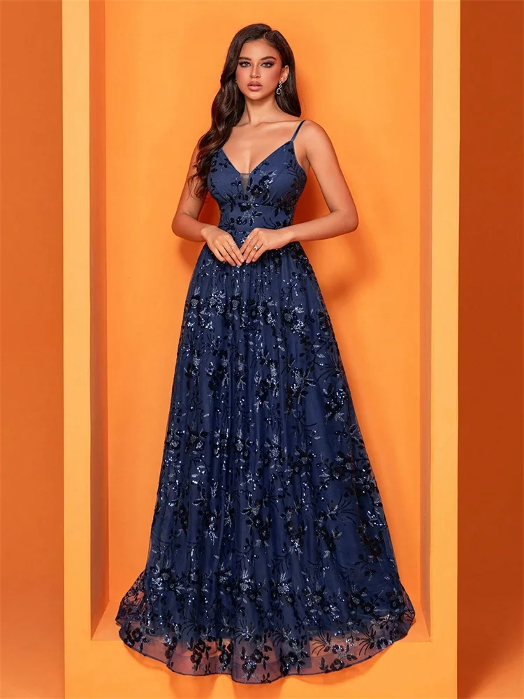 فساتين سهرة فاخرة بفتحة رقبة على شكل V عميقة للنساء 2025 حورية البحر بدون ظهر فستان أزرق رسمي أنيق لحفلات الزفاف وحفلات التخرج