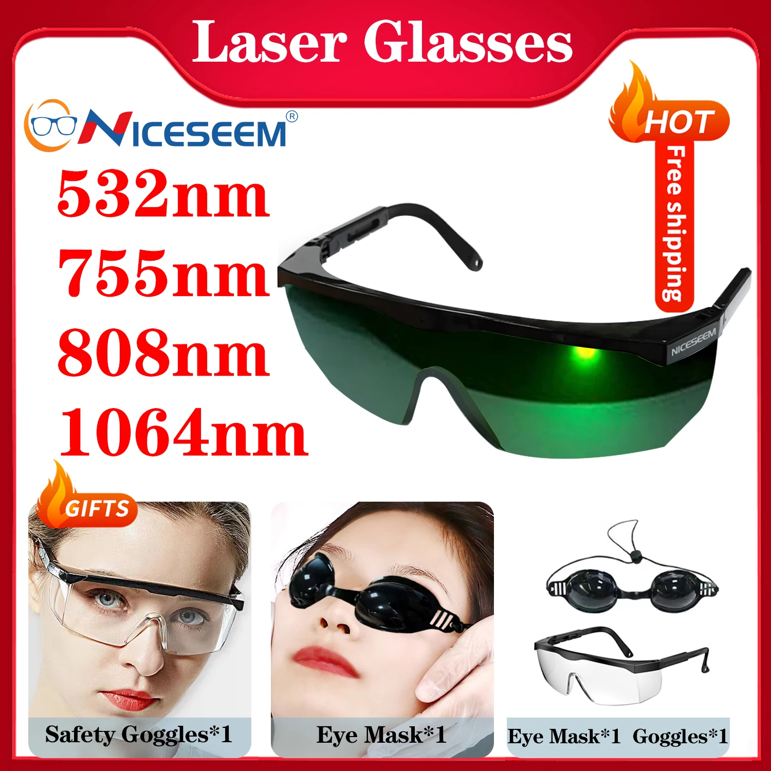 Laser Safety Lenses Glasses Protection Eye Eyewear Goggles ND YAG Infrared OD8 1064nm 532nm Blue Red Green Light IR UV IPL Hair