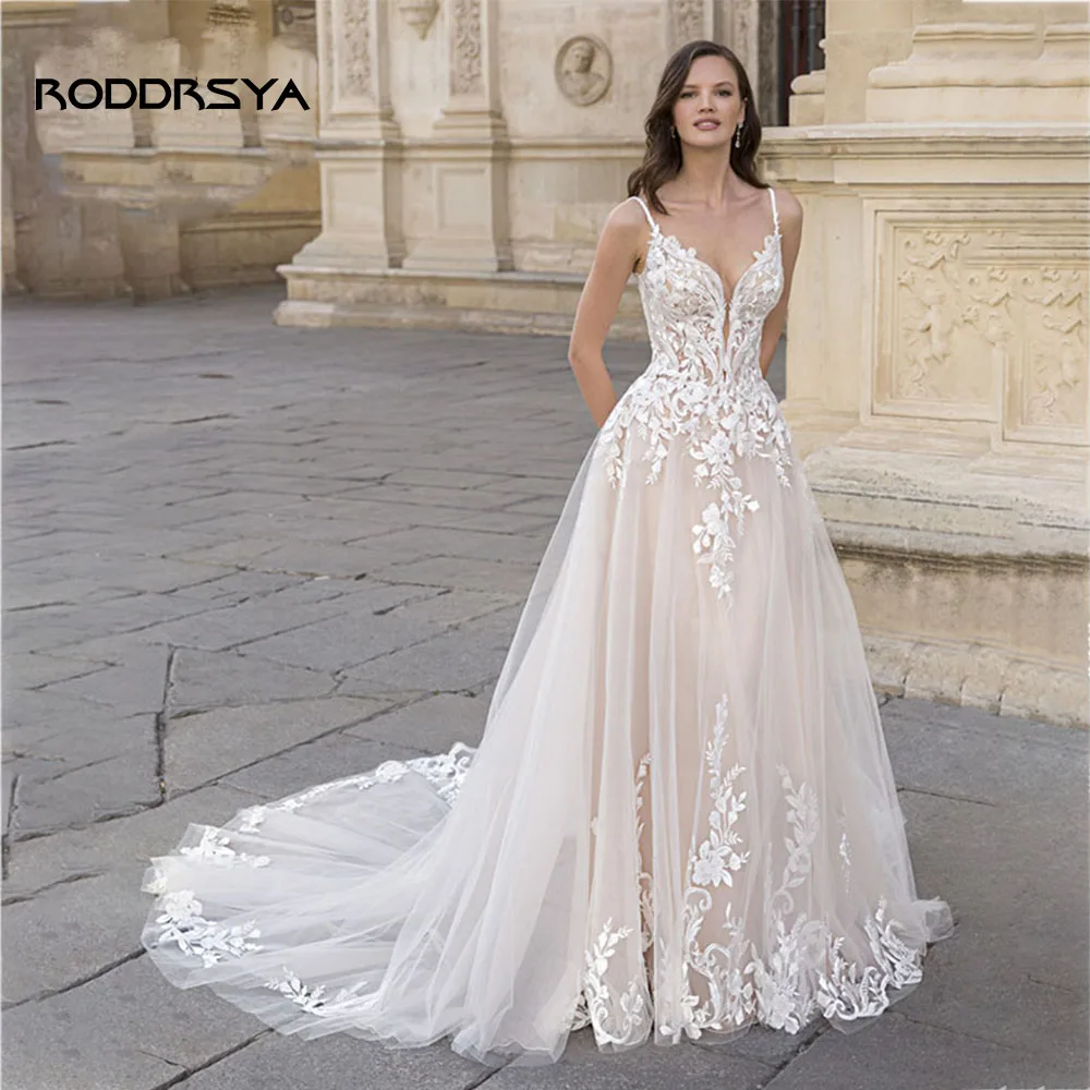 

RODDRSYA Wedding Dress A-line V-Neck Appliques Backless Bridal Gown Custom Made Elegant Boho Spaghetti Straps Vestidos De Novia