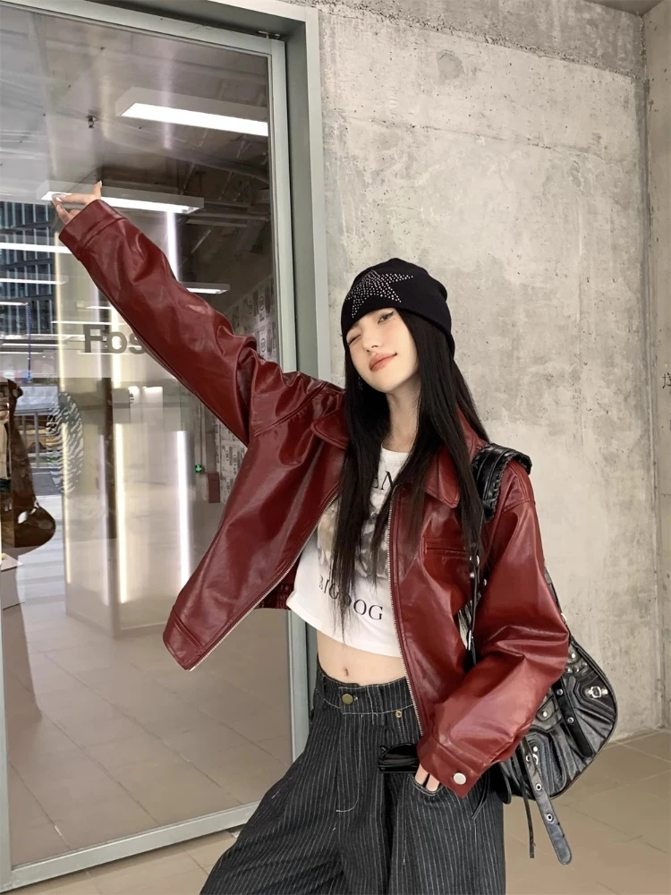American Retro Red Lapel Leather Jacket Women's High-End Loose Fit Short Style Cool Sweet Autumn New Arrival Top
