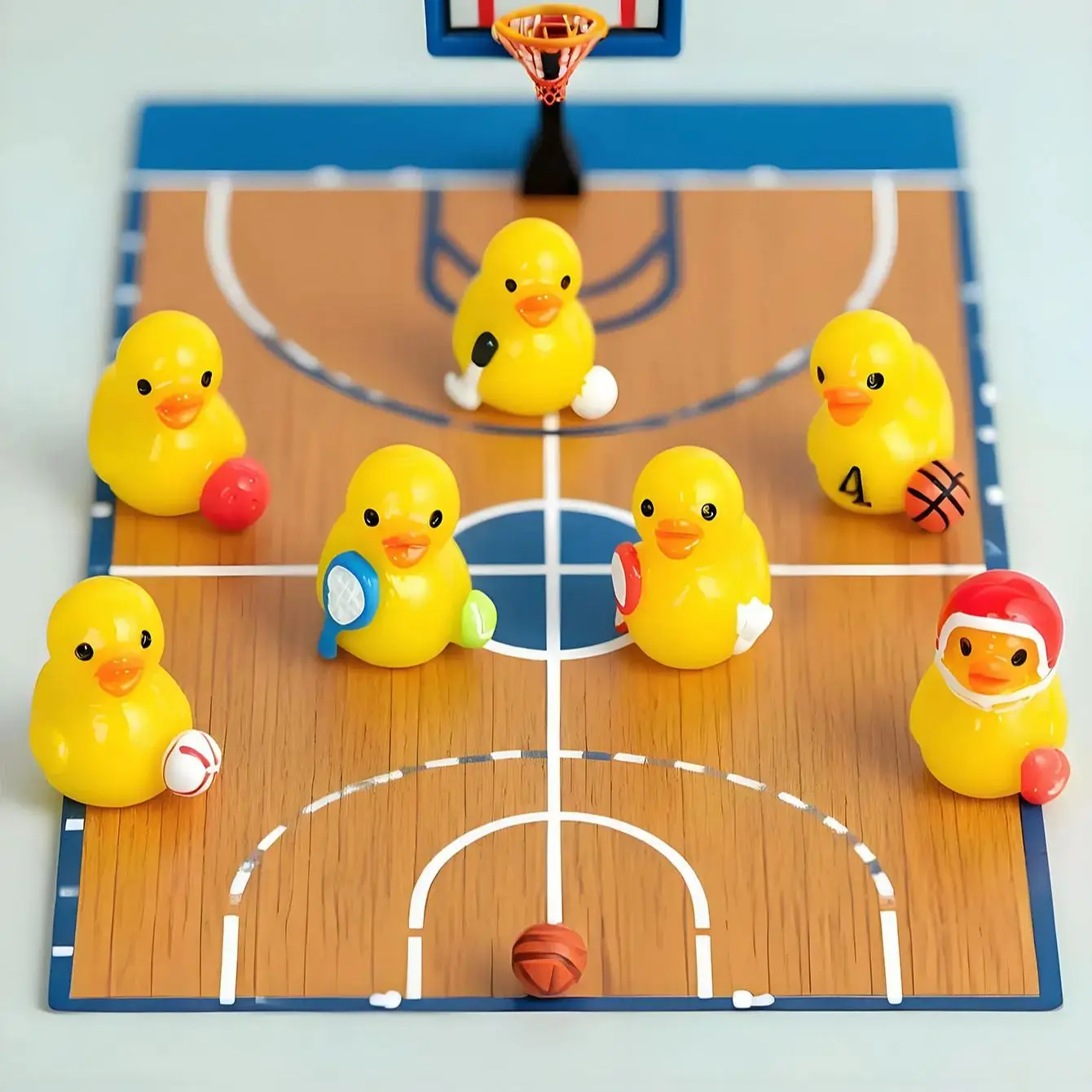 Mini patos de resina de estilo deportivo amarillo, adornos de animales pequeños para fútbol, baloncesto, Rugby, jardín de hadas DIY, 10/20 piezas