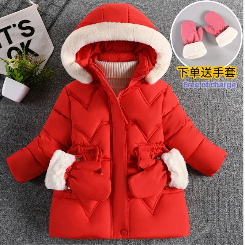 

2-8 Yrs New Warm Winter Girls Jacket Fur Collar Removable Hat Plush Lining Heavy Hooded Kids Coat Children Outerwear Send Gloves