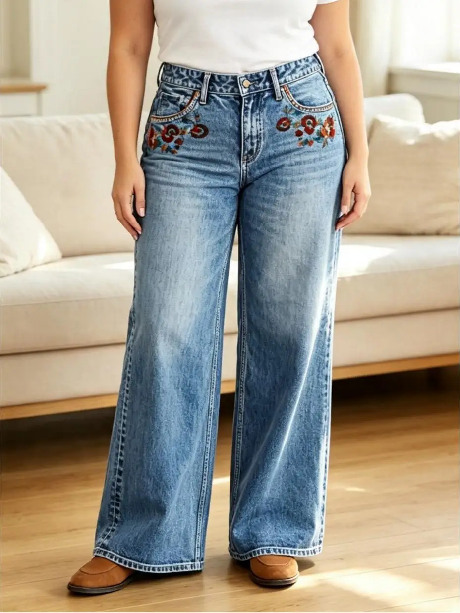 【HME】Jeans | High‑Waist Wide‑Leg Denim Pants For Women, Relaxed Silhouette Denim Jeans With Delicate Floral Embroidery On Front Pockets, Retro Stone‑Wash Finish, Figure‑Friendly Versatile Pants For Casual Scenarios