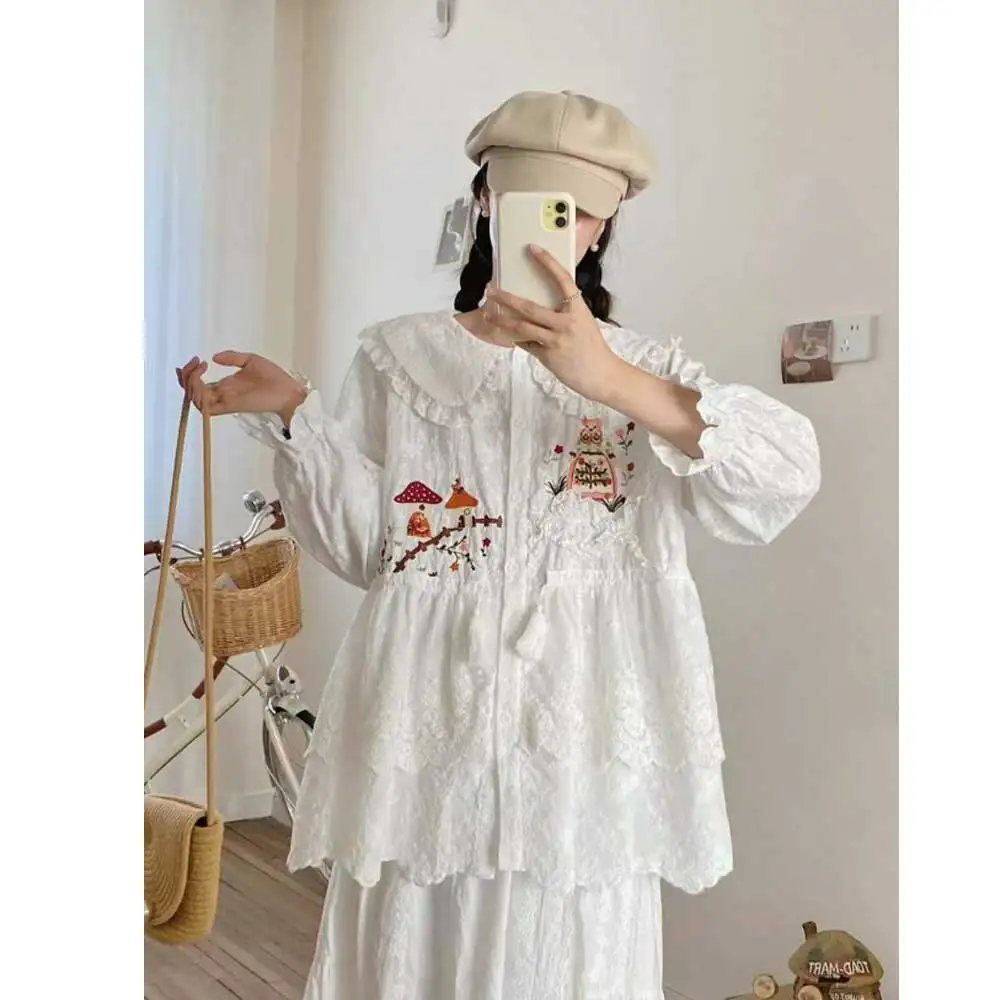 

Japanese Sweet Mori Girl Cartoon Owl Embroidery Shirts Women Autumn Cute Peter Pan Collar Long Sleeve Casual Loose Blouse Tops