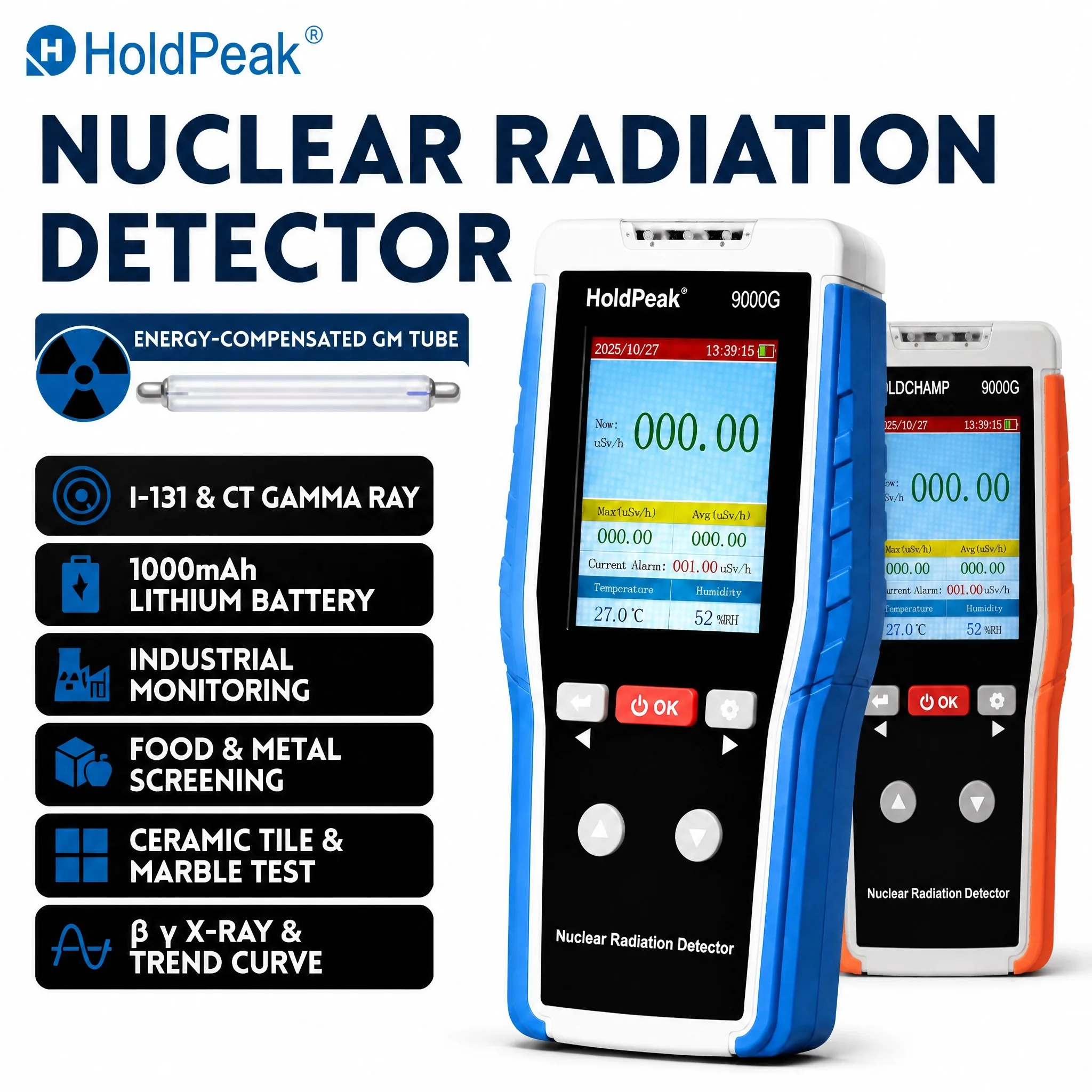HoldPeak Geiger Counter Radiation Detector X-ray/γ-ray/β-ray 0-10000μSv/h Light/Vibration/Sound Alarm 1000mAh Battery LCD CE