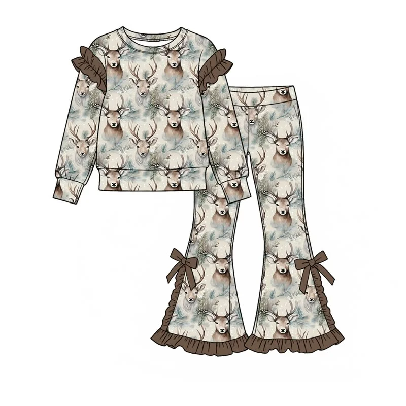 Toddler Girls Fall Outfit Long Sleeve Flared Bell Bottom Pants Set Kids Camo Deer Duck Print Autumn Clothing