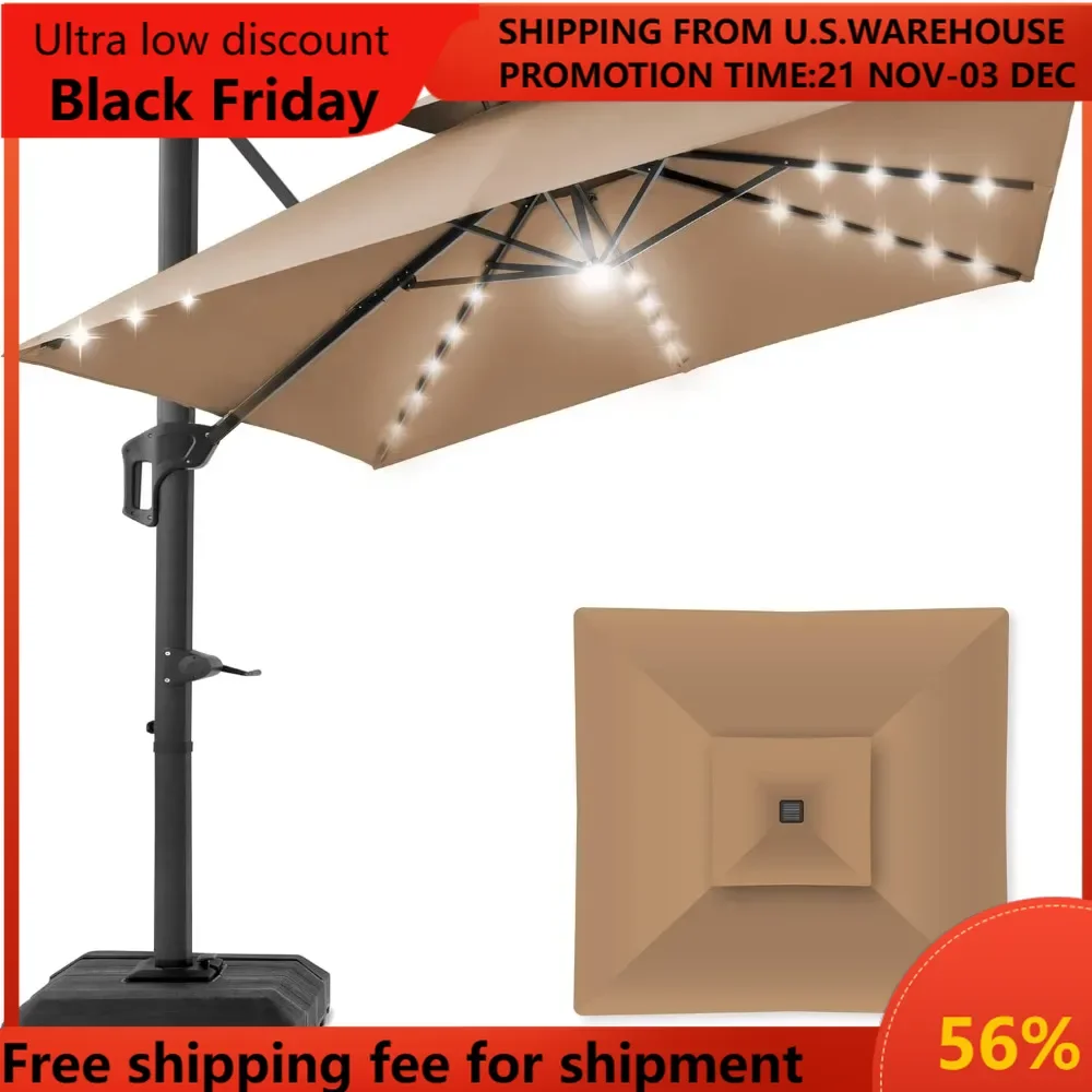 

10x10ft 2-Tier Square Cantilever Patio Umbrella with Solar LED Lights, Offset Hanging Outdoor Sun Shade for Backyard w/Included