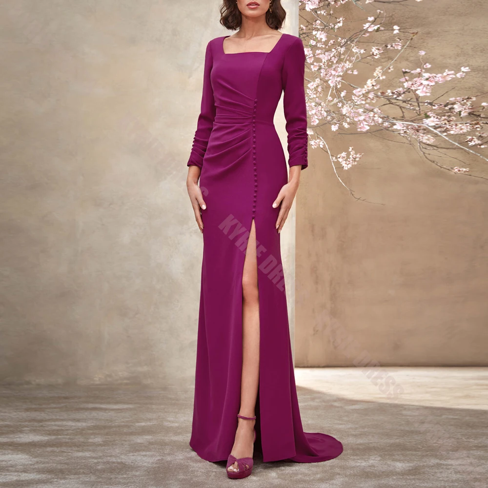 Customized Mother of The Bride Dress Square Neck Full Sleeve Pleated Thigh Slit with Buttons for Wedding Guest Gowns Party Dress