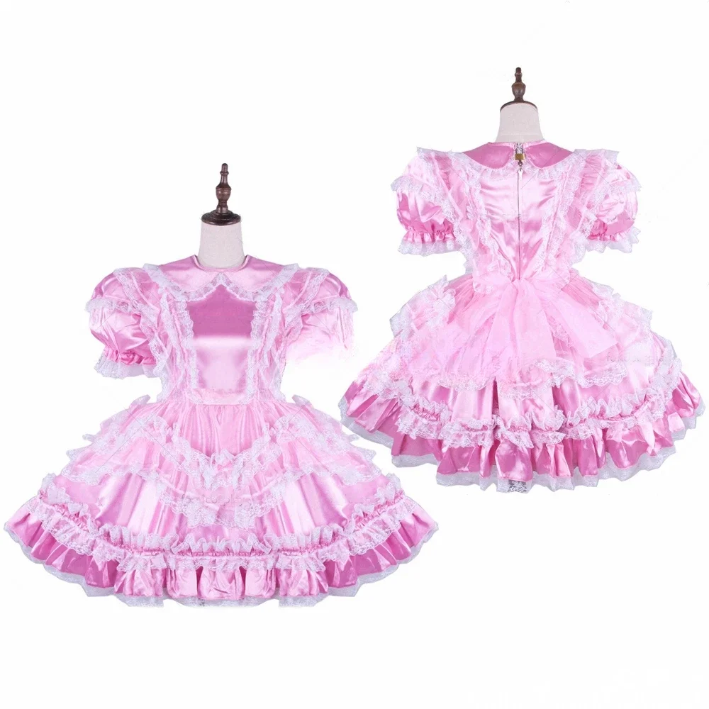 

Sexy Sissy French Maid Pink Satin Lockable Multi Lace Ruffle Cosplay Costume Customizable