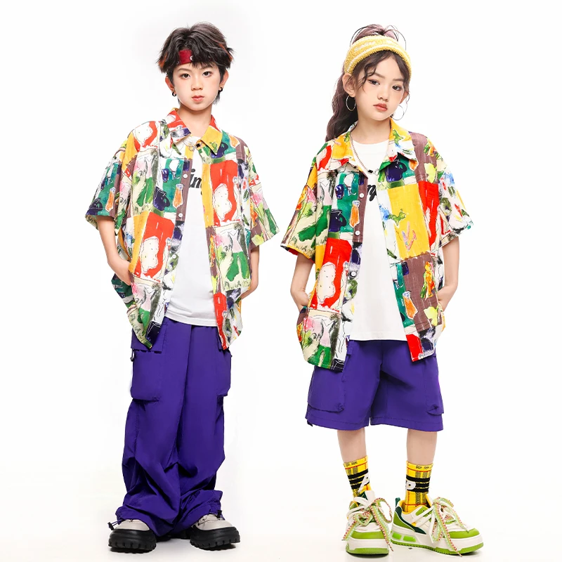 

Наряд в стиле хип-хоп для мальчиков, контрастная рубашка, шорты для уличных танцев, фиолетовые штаны-карго для девочек, детская уличная одежда, детские джазовые костюмы, комплекты одежды