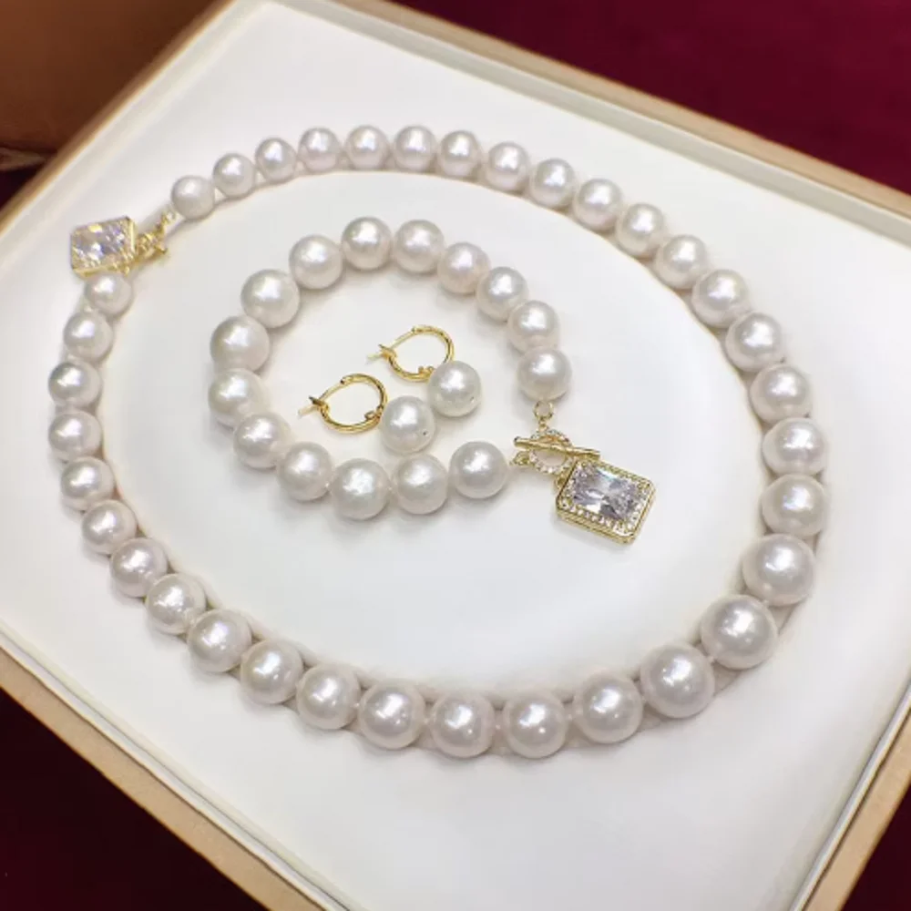 Natural Pearl Necklace AAAA11-12mm White Round Pearl Necklace 18inch+Bracelet 7.5-8inch Earring Set 925s