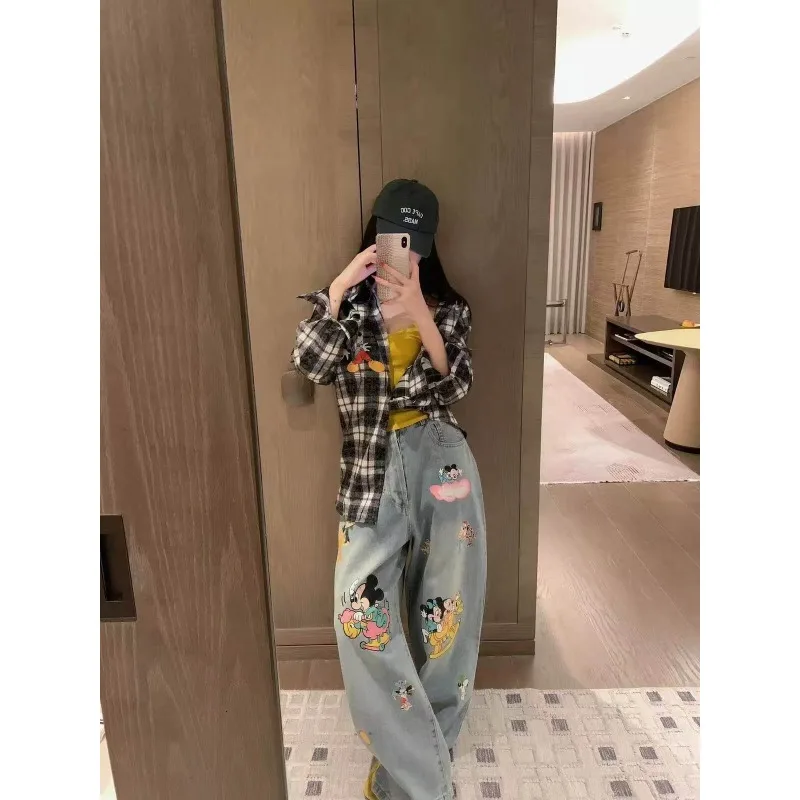 

Disney hosen Mickey Mouse Print Women Jeans 2026 New American Style Loose Wide Leg Denim Pants Casual High Waist Long Trousers