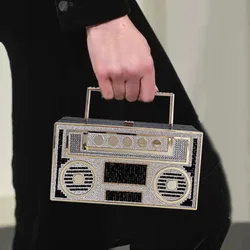 2024 Luxury Designer Full Diamond Evening Clutch Bag Ladies 3D Rhinestone Radio Handbag Fashion Party Shiny Crystal Shoulder Bag